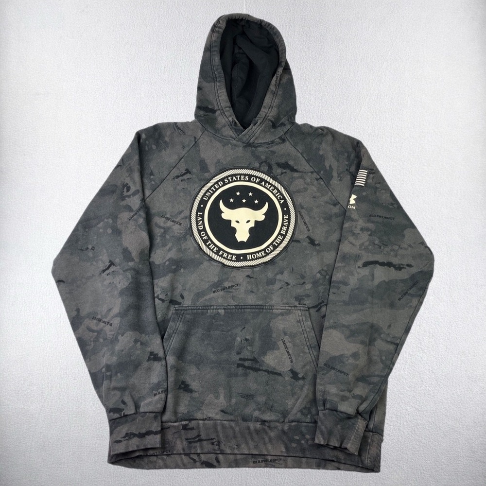 Under Armour Project Rock Hoodie Mens Medium Gray Camo Brahma Bull USA Logo